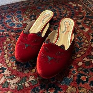 Charlotte Olympia Red Velvet Cat Slides - 8 1/2 - EUC